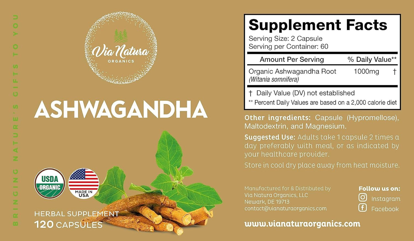 1000mg Organic Ashwagandha Capsules by Via Natura Organics | Herbal Supplement with 120 Capsules