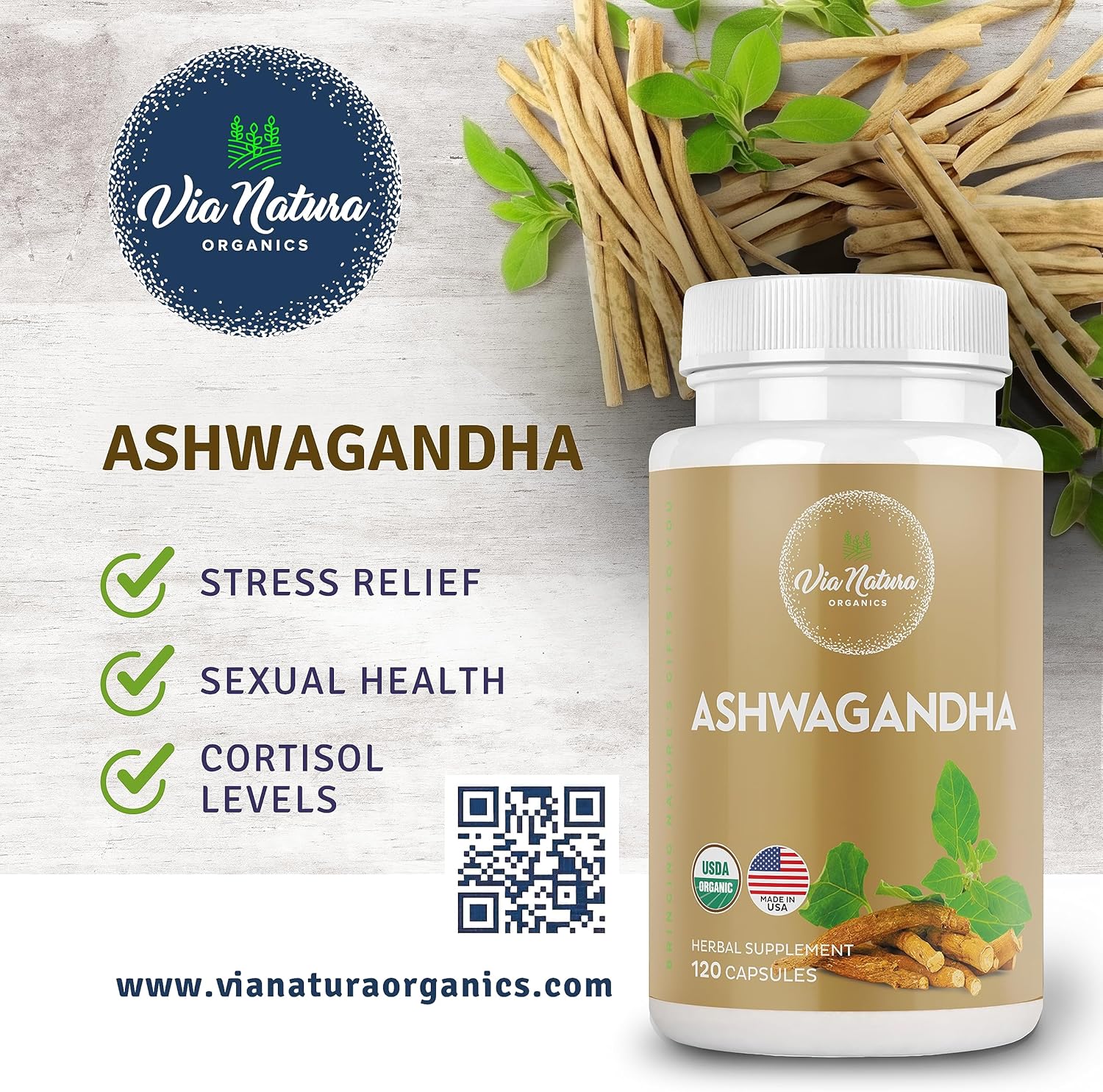 1000mg Organic Ashwagandha Capsules by Via Natura Organics | Herbal Supplement with 120 Capsules