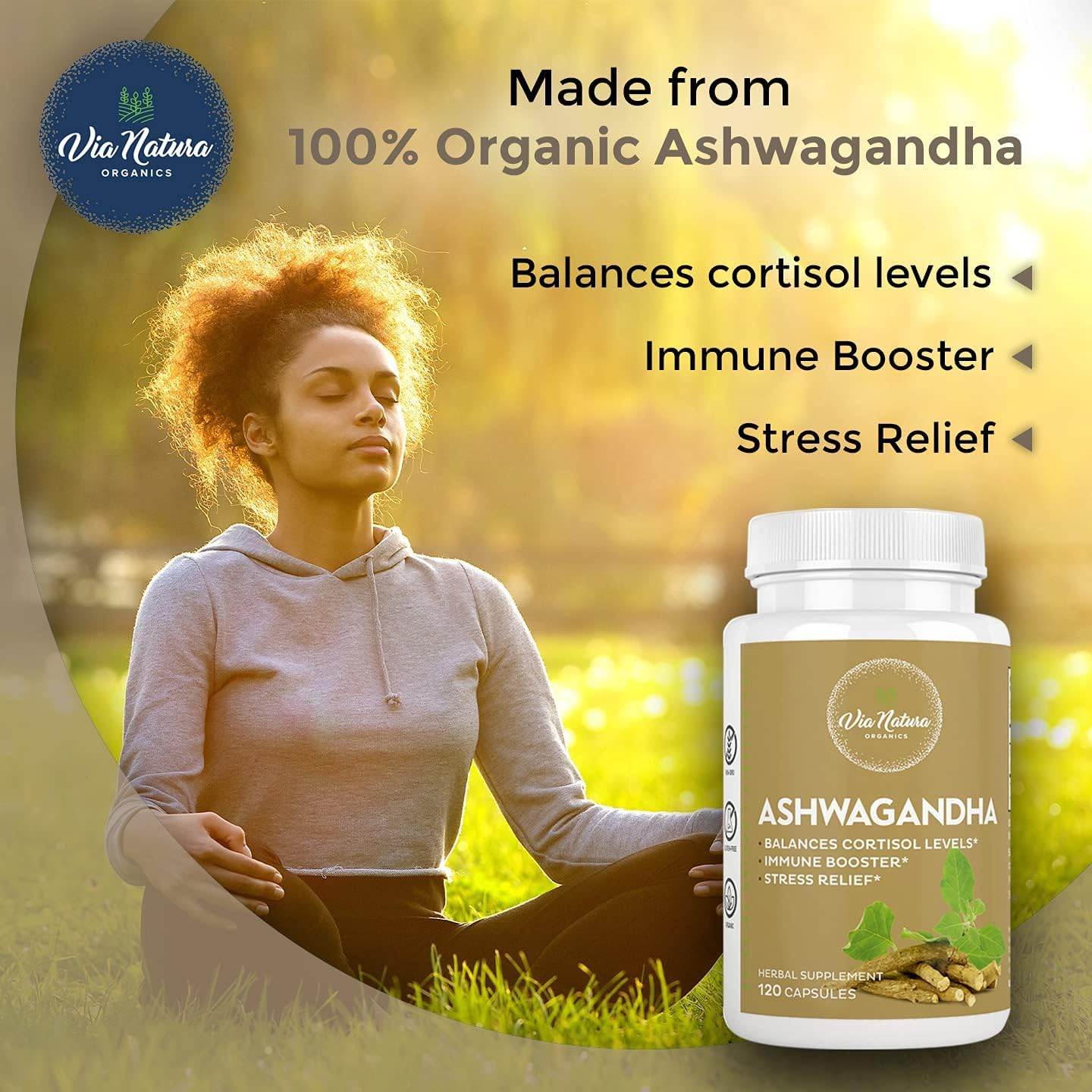 1000mg Organic Ashwagandha Capsules by Via Natura Organics | Herbal Supplement with 120 Capsules