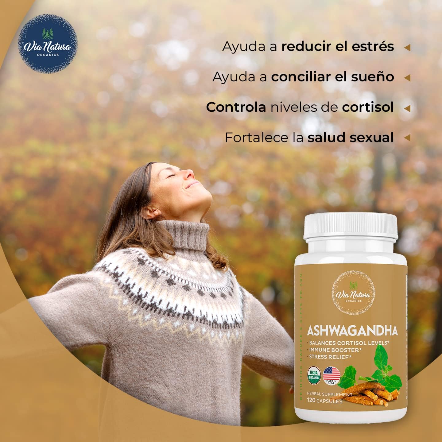 1000mg Organic Ashwagandha Capsules by Via Natura Organics | Herbal Supplement with 120 Capsules
