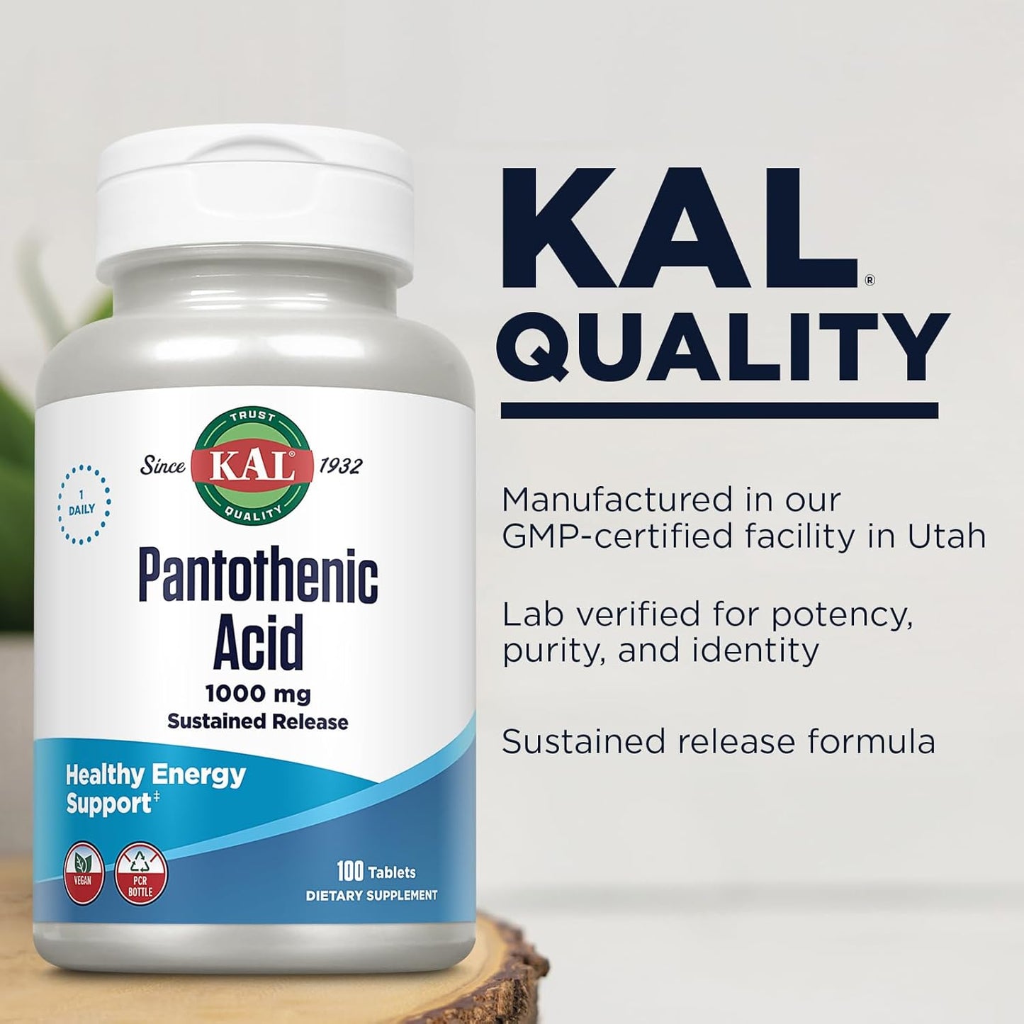 1000mg Pantothenic Acid Vitamin B5 Supplement - Sustained Release Energy Support for Metabolism, Hair, Skin - Vegan - 100 Tablets, 100 Servings, 60-Day Guarantee