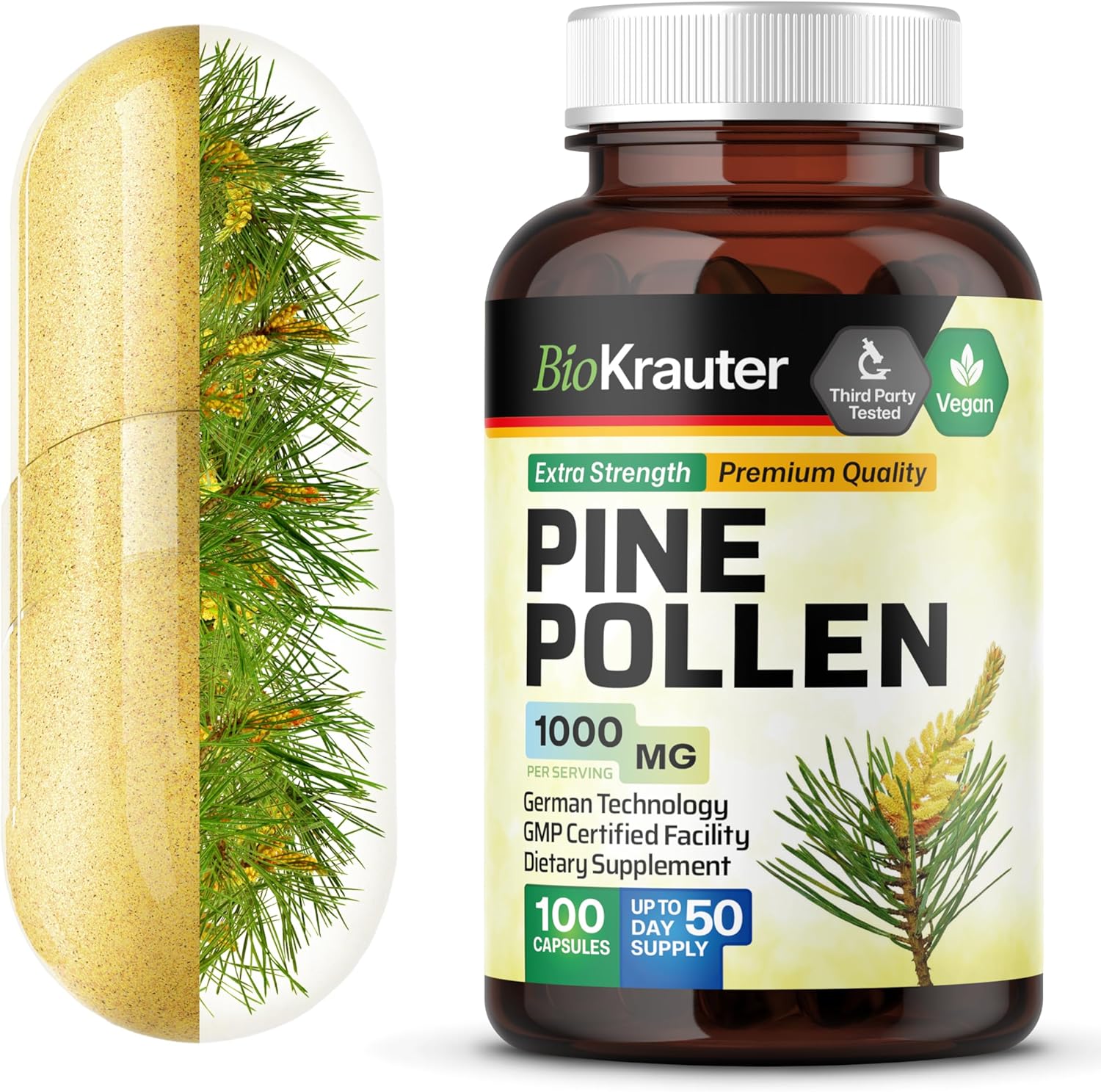 1000mg Pine Pollen Powder Capsules - Natural Herbal Supplement for Immune Support - 100 Capsules for Men and Women