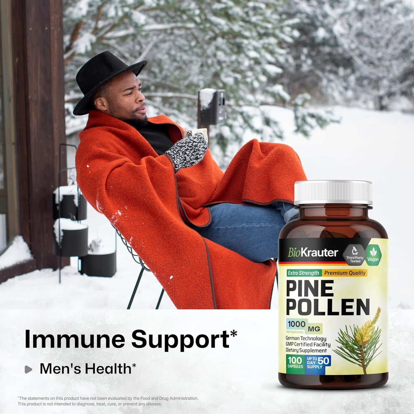 1000mg Pine Pollen Powder Capsules - Natural Herbal Supplement for Immune Support - 100 Capsules for Men and Women