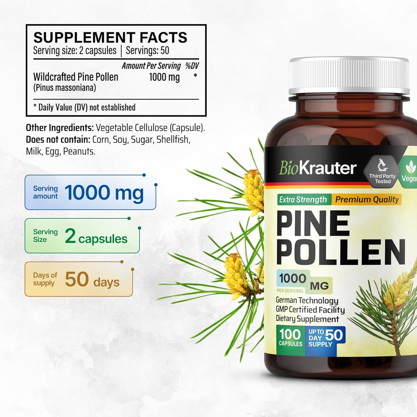 1000mg Pine Pollen Powder Capsules - Natural Herbal Supplement for Immune Support - 100 Capsules for Men and Women
