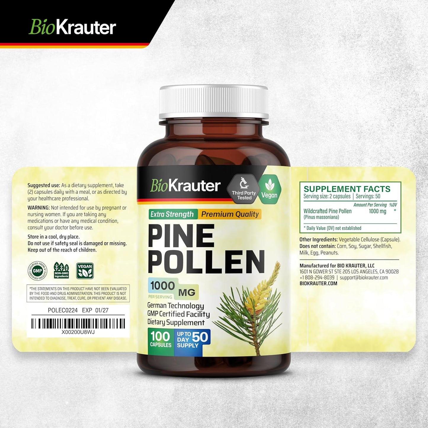 1000mg Pine Pollen Powder Capsules - Natural Herbal Supplement for Immune Support - 100 Capsules for Men and Women