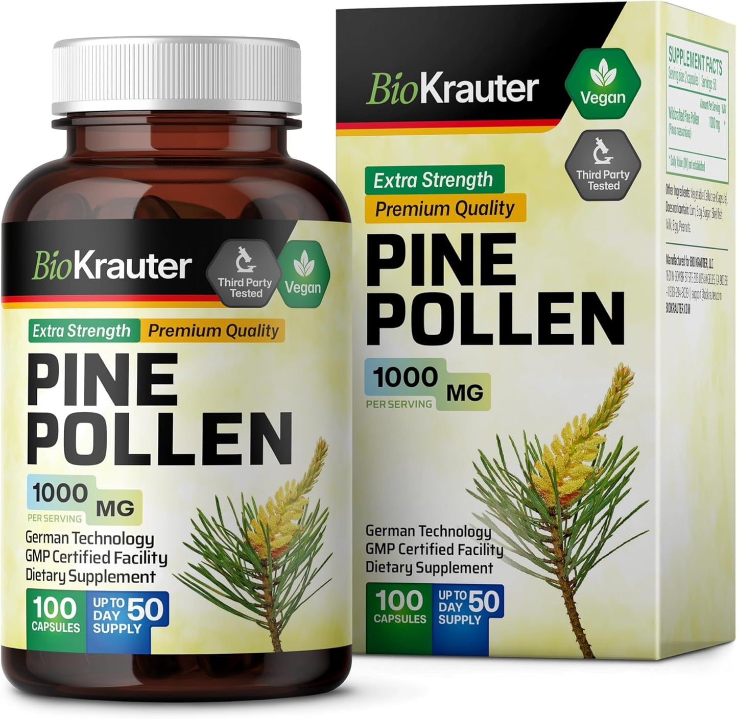 1000mg Pine Pollen Powder Capsules - Natural Herbal Supplement for Immune Support - 100 Capsules for Men and Women