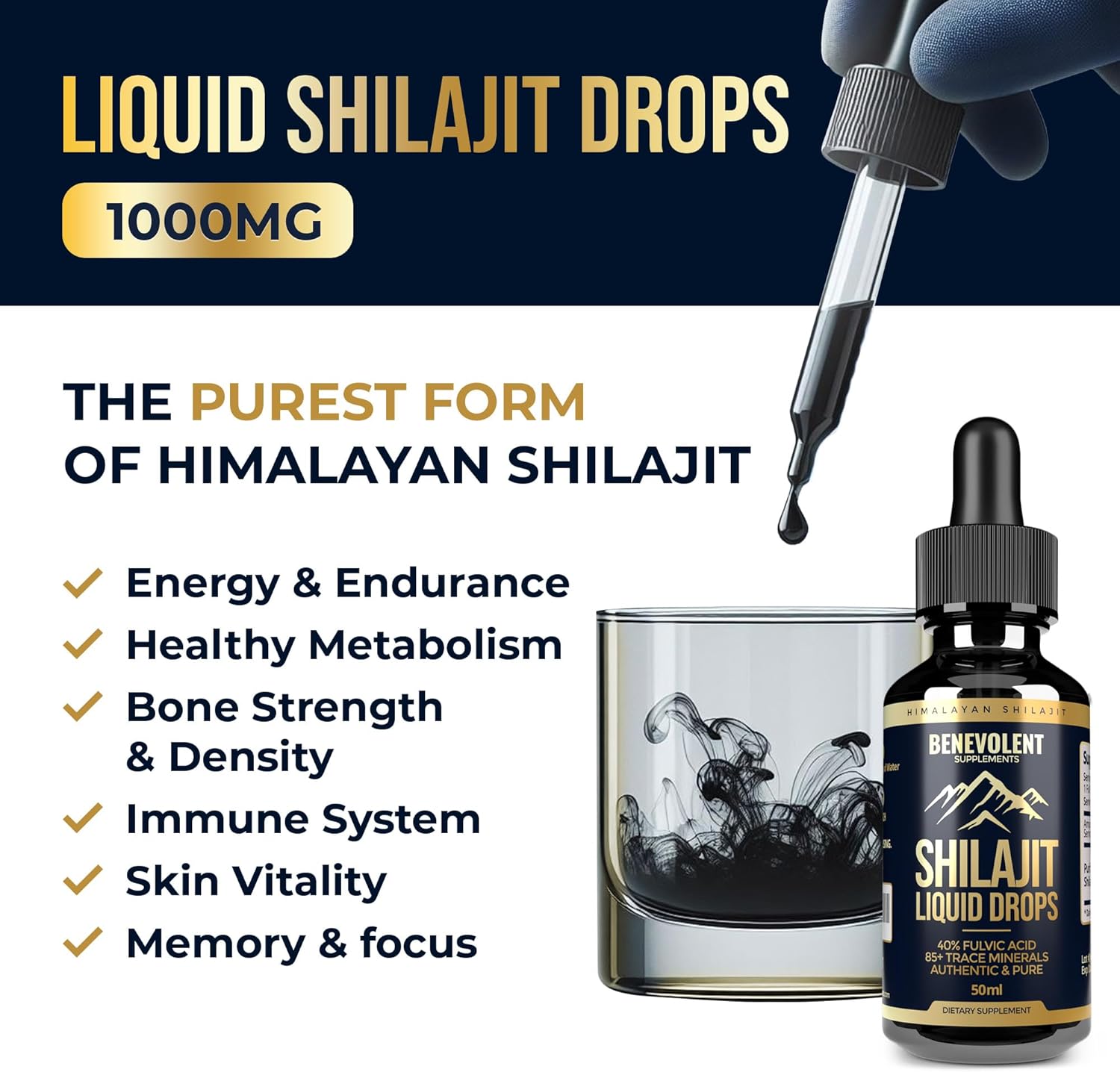 1000mg Pure Himalayan Shilajit Liquid Drops with 85+ Trace Minerals & 40% Fulvic Acid for Energy, Detox, Strength, Immunity - 50 Day Supply