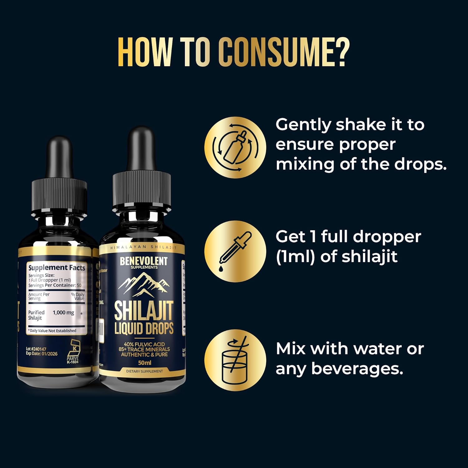 1000mg Pure Himalayan Shilajit Liquid Drops with 85+ Trace Minerals & 40% Fulvic Acid for Energy, Detox, Strength, Immunity - 50 Day Supply