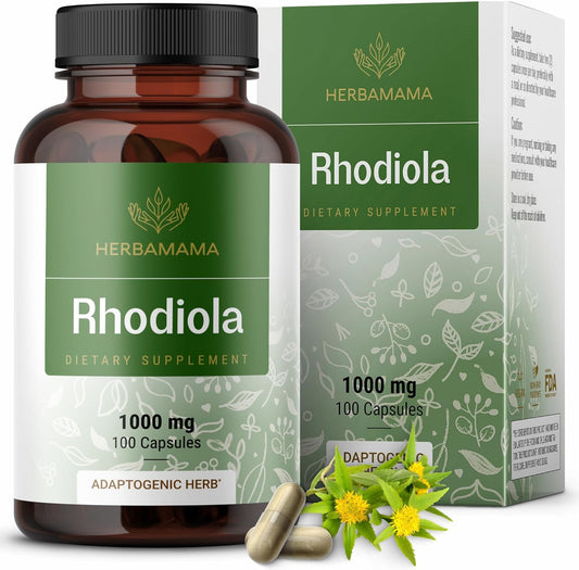 1000mg Rhodiola Rosea Supplement Capsules for Calm Mind & Focus - Vegan Non-GMO Brain Support - 100 Count