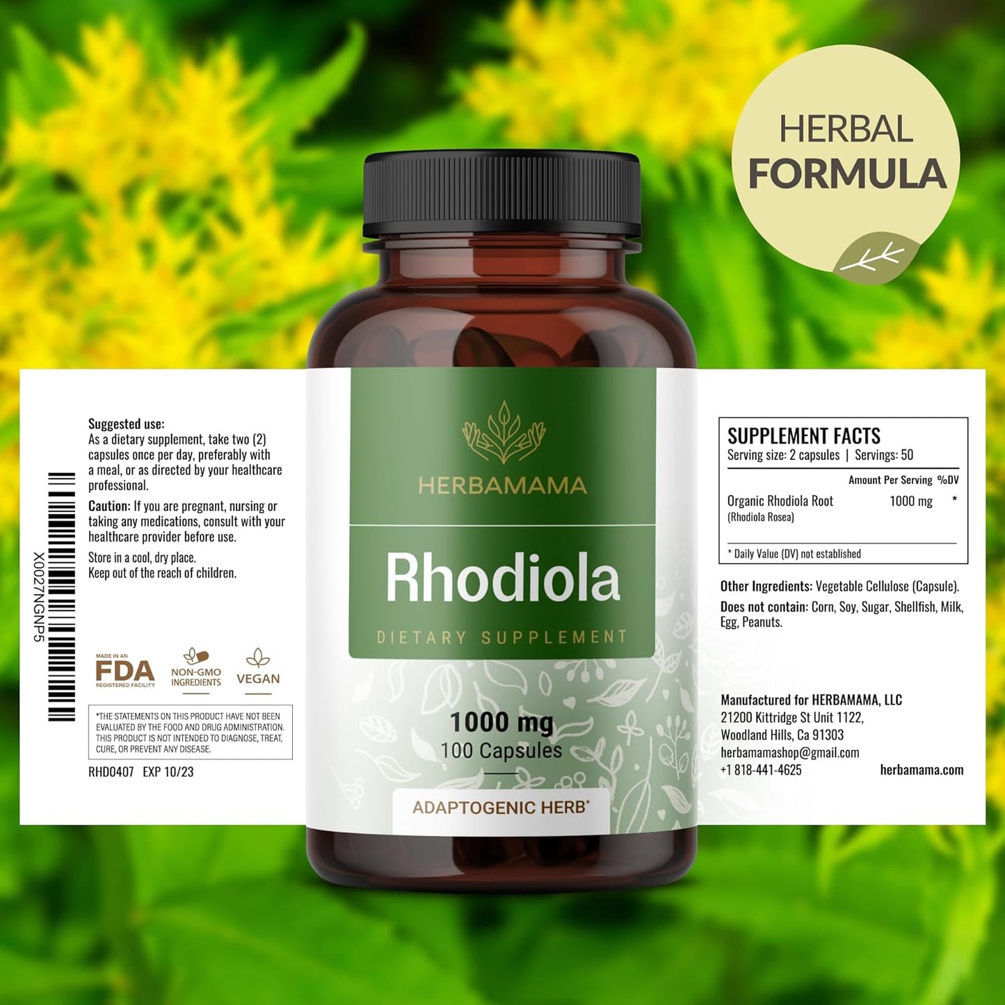 1000mg Rhodiola Rosea Supplement Capsules for Calm Mind & Focus - Vegan Non-GMO Brain Support - 100 Count