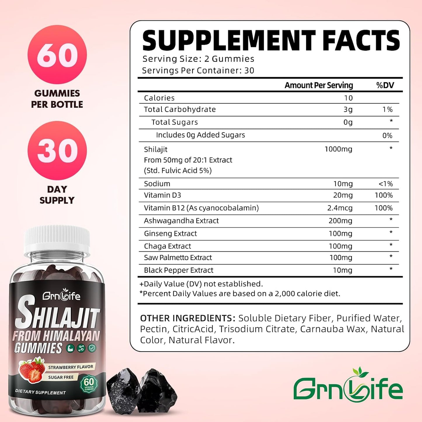1000MG Shilajit Gummies for Energy & Immunity - Sugar-Free, Strawberry Flavor - 60 Count for Men & Women