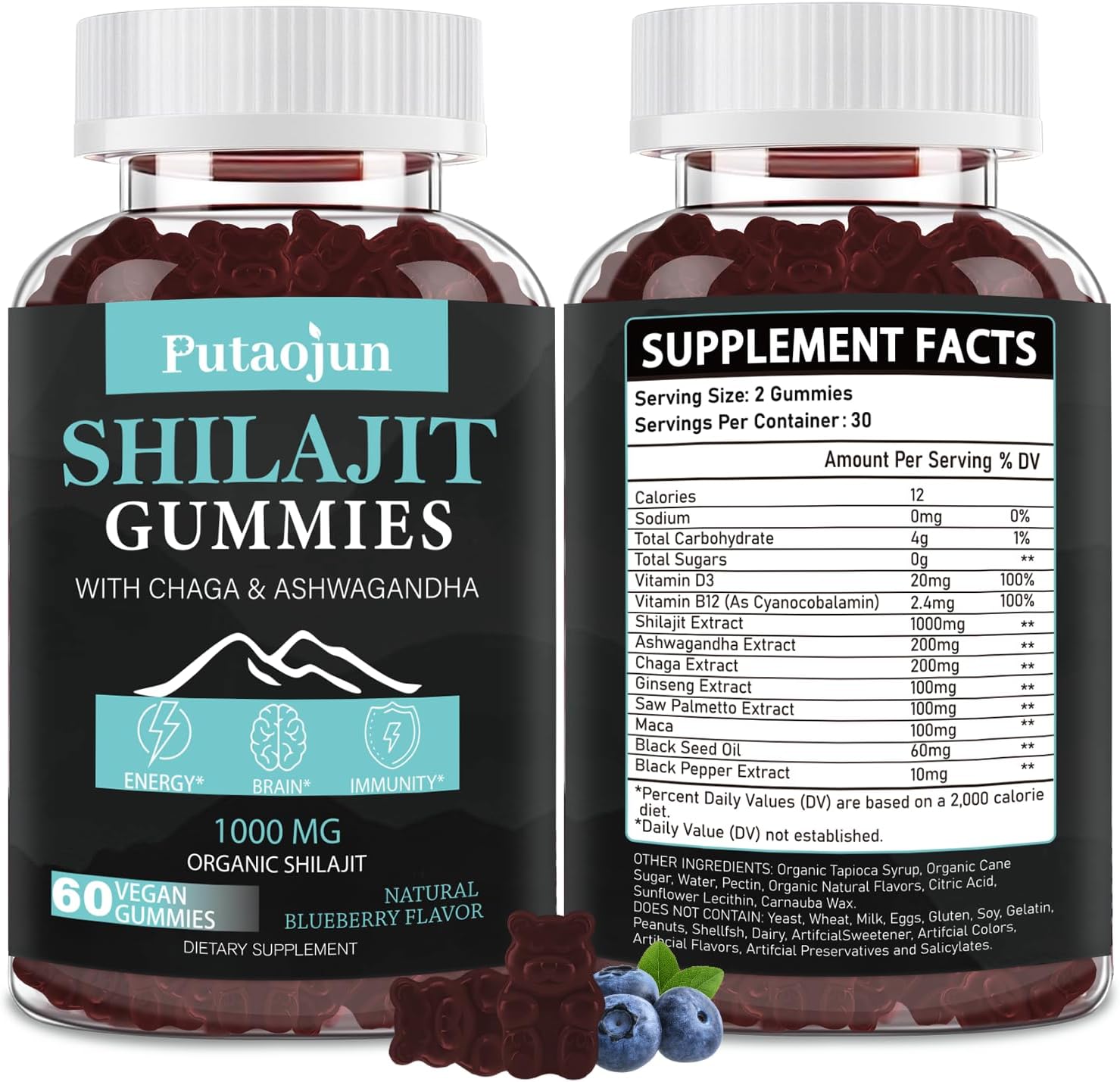 1000mg Shilajit Gummies with Ashwagandha, Chaga, Ginseng - Men, Women, Kids Supplement with Saw Palmetto & Black Seed Oil