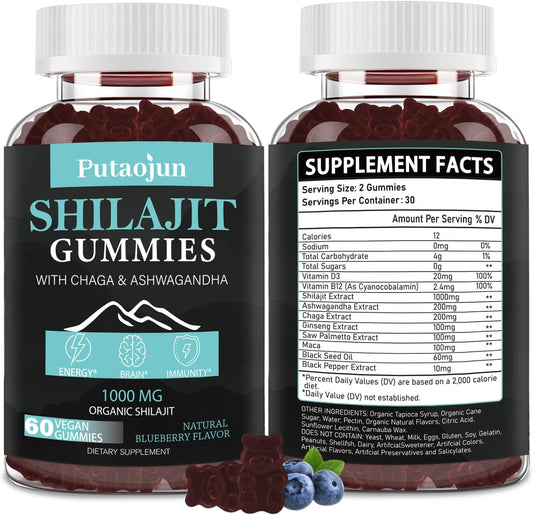 1000mg Shilajit Gummies with Ashwagandha, Chaga, Ginseng - Men, Women, Kids Supplement with Saw Palmetto & Black Seed Oil