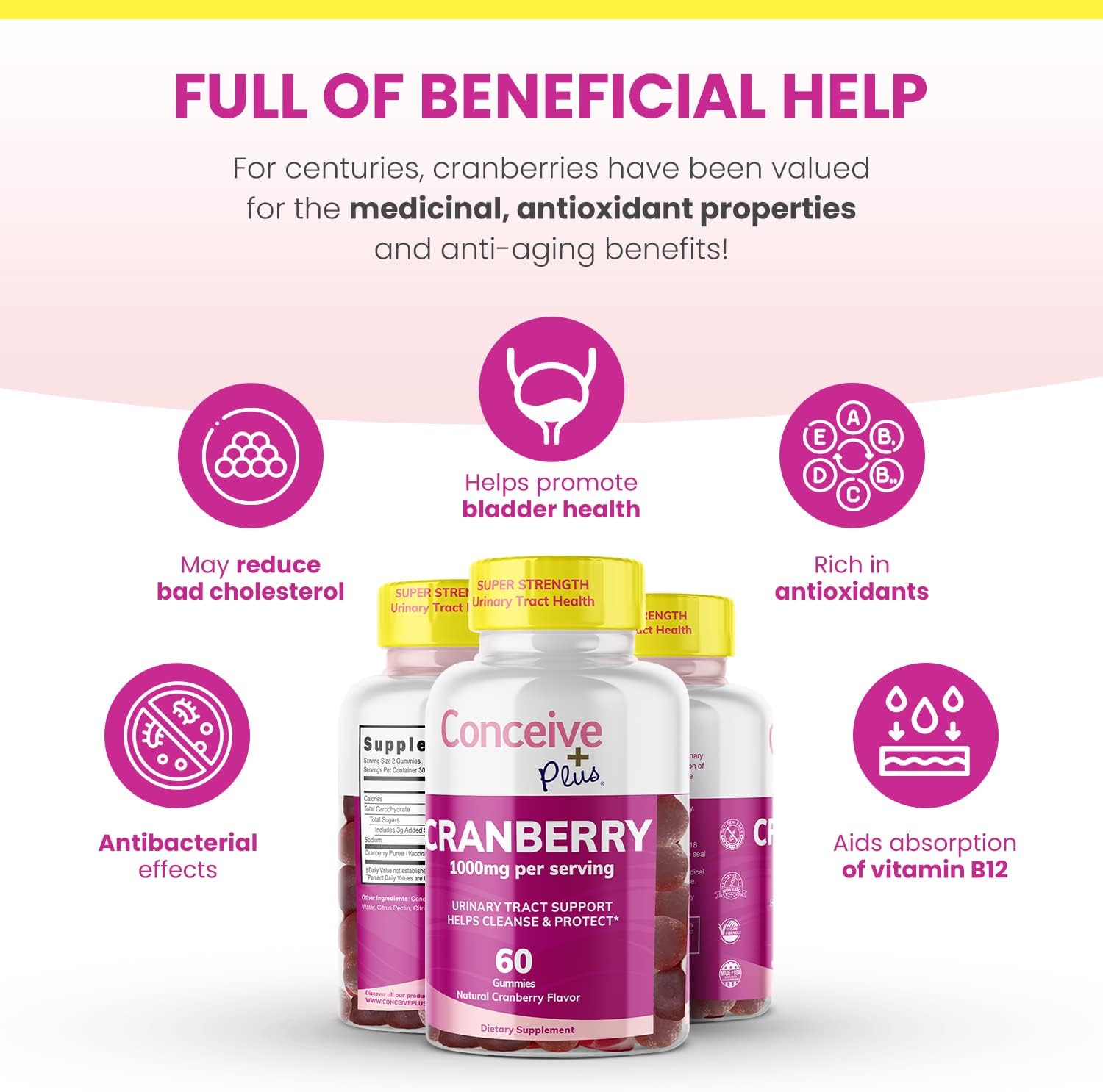 1000mg Strength Cranberry Gummy Vitamins for Urinary Health - 60 Gummies, 30 Day Supply