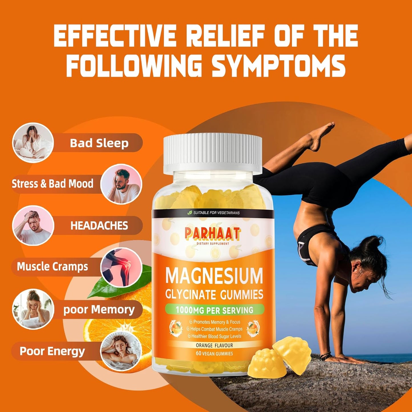 1000mg Sugar-Free Magnesium Glycinate Gummies with Vitamin D, B6, CoQ10 - Calm Mood & Sleep Support - 240 Orange Gummies