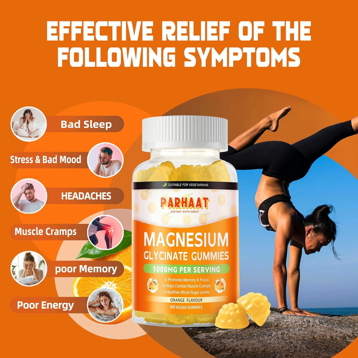 1000mg Sugar-Free Magnesium Glycinate Gummies with Vitamin D, B6, CoQ10 - Calm Mood & Sleep Support - 240 Orange Gummies