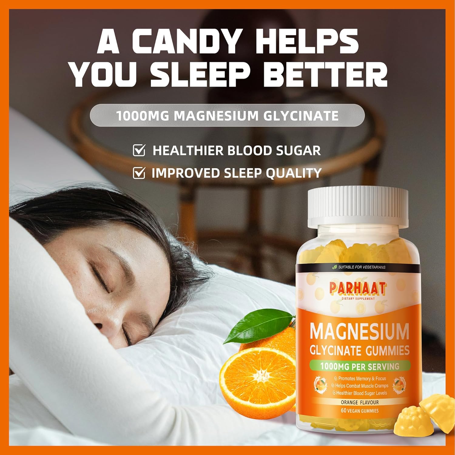 1000mg Sugar-Free Magnesium Glycinate Gummies with Vitamin D, B6, CoQ10 - Calm Mood & Sleep Support - 240 Orange Gummies