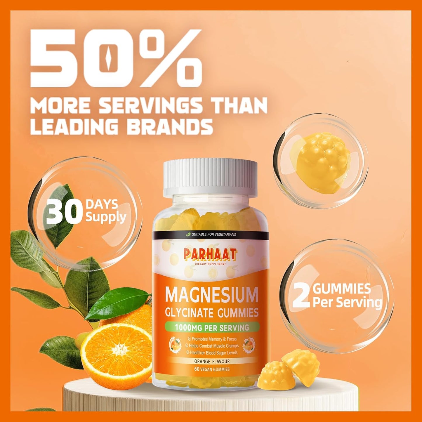 1000mg Sugar-Free Magnesium Glycinate Gummies with Vitamin D, B6, CoQ10 - Calm Mood & Sleep Support - 240 Orange Gummies