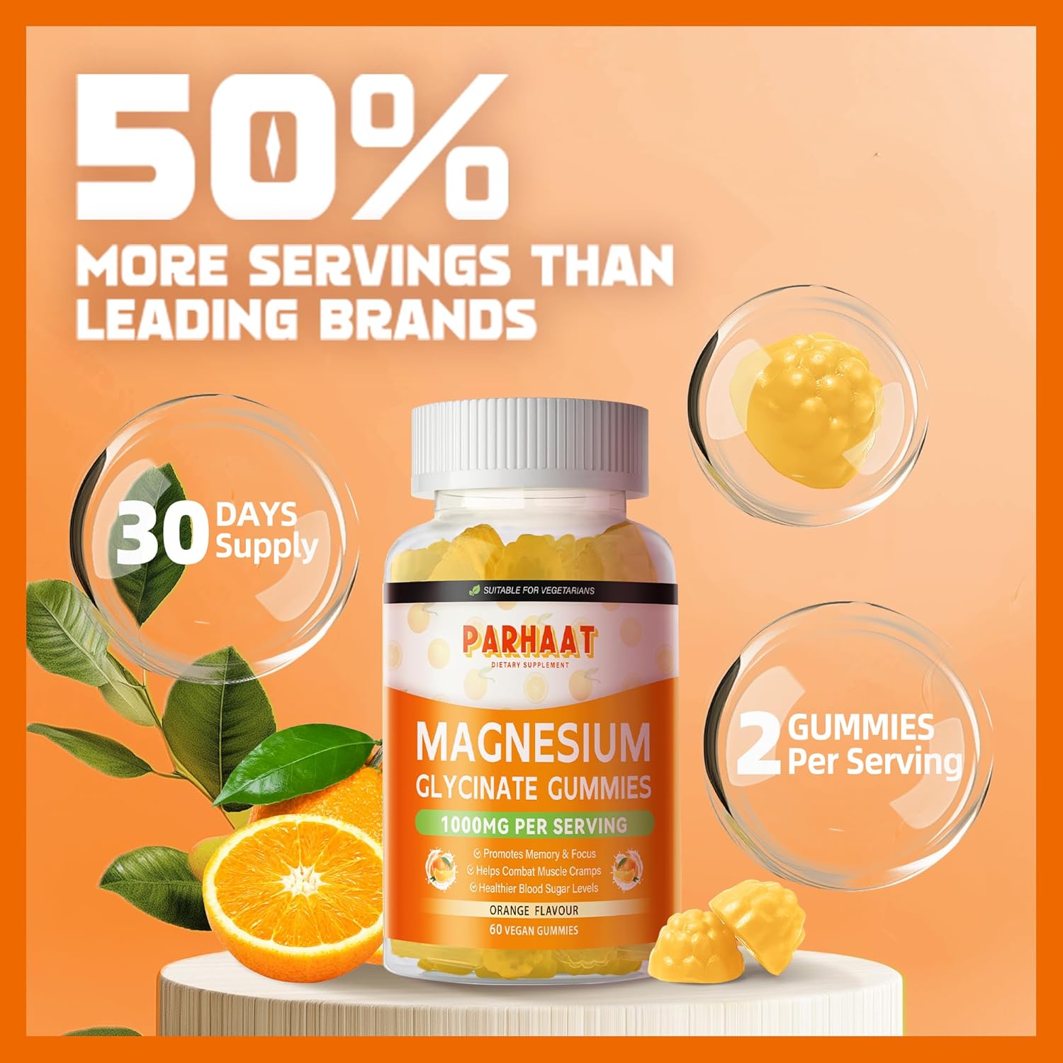 1000mg Sugar-Free Magnesium Glycinate Gummies with Vitamin D, B6, CoQ10 - Calm Mood & Sleep Support - 240 Orange Gummies