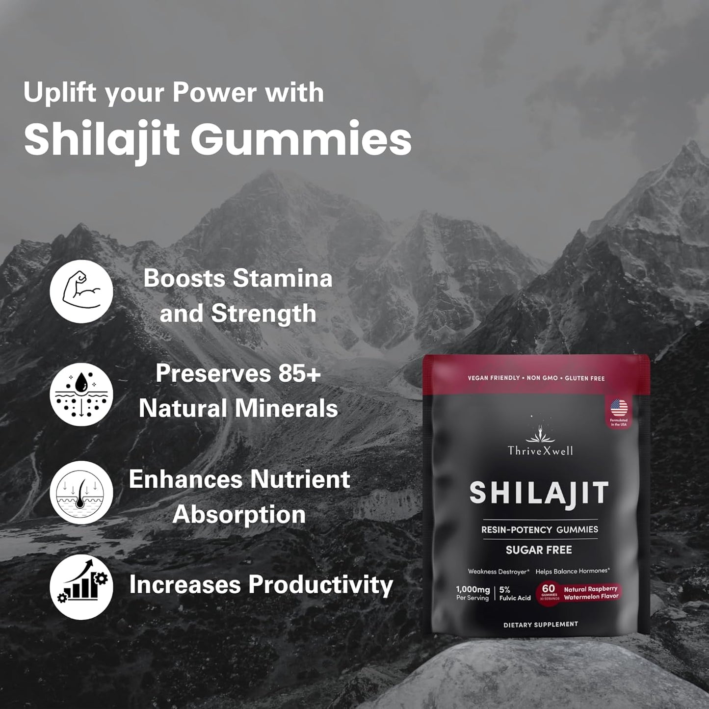 1000mg Sugar Free Shilajit Resin Gummies for Men & Women | Immunity, Energy, Vitality & Brain Support | 85+ Trace Minerals | Natural Raspberry Flavor - 60 Count