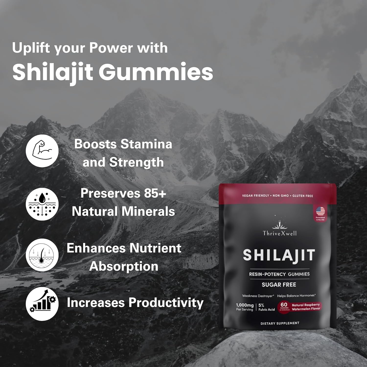 1000mg Sugar Free Shilajit Resin Gummies for Men & Women | Immunity, Energy, Vitality & Brain Support | 85+ Trace Minerals | Natural Raspberry Flavor - 60 Count