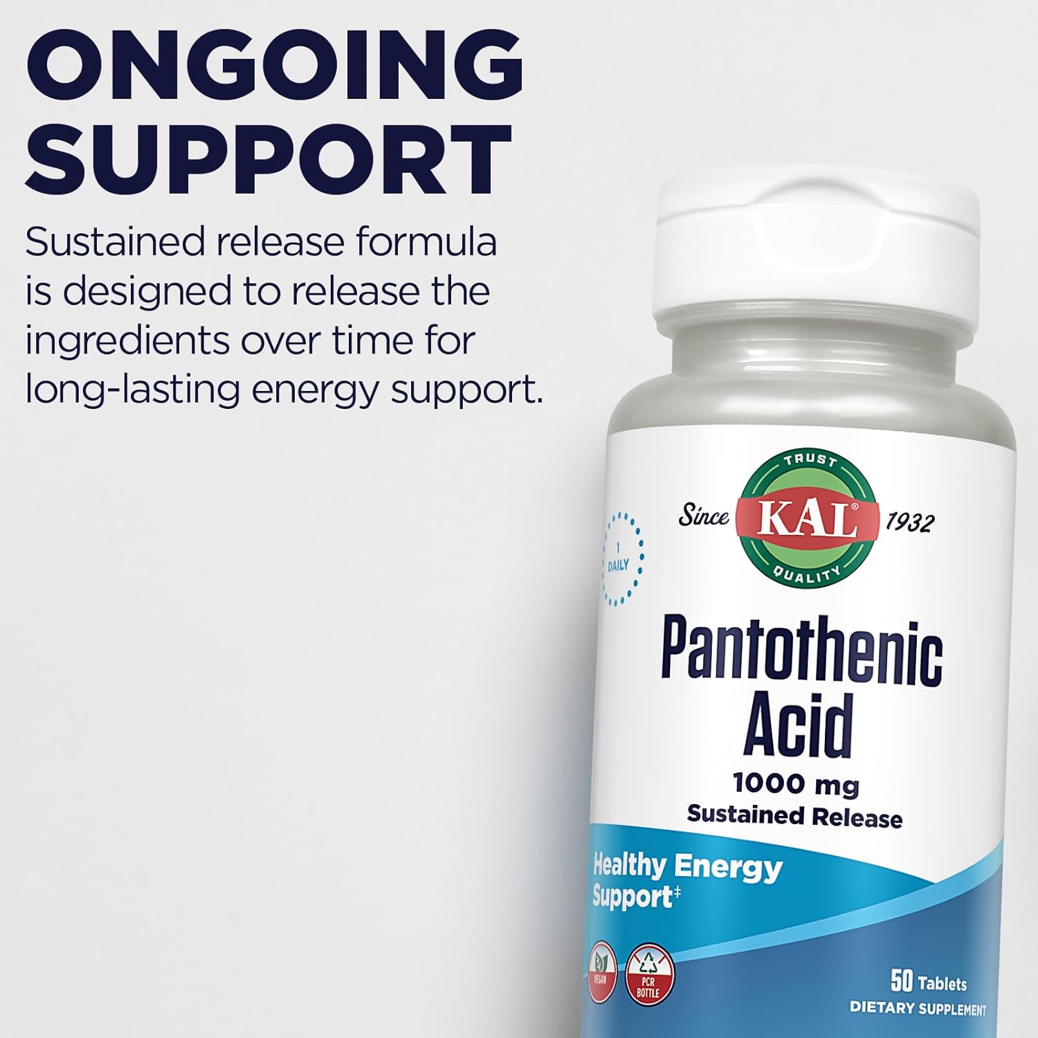 1000mg Sustained Release Pantothenic Acid - Vitamin B5 Energy Supplement for Metabolism, Hair & Skin Health - Vegan, 60-Day Guarantee - 50 Tablets