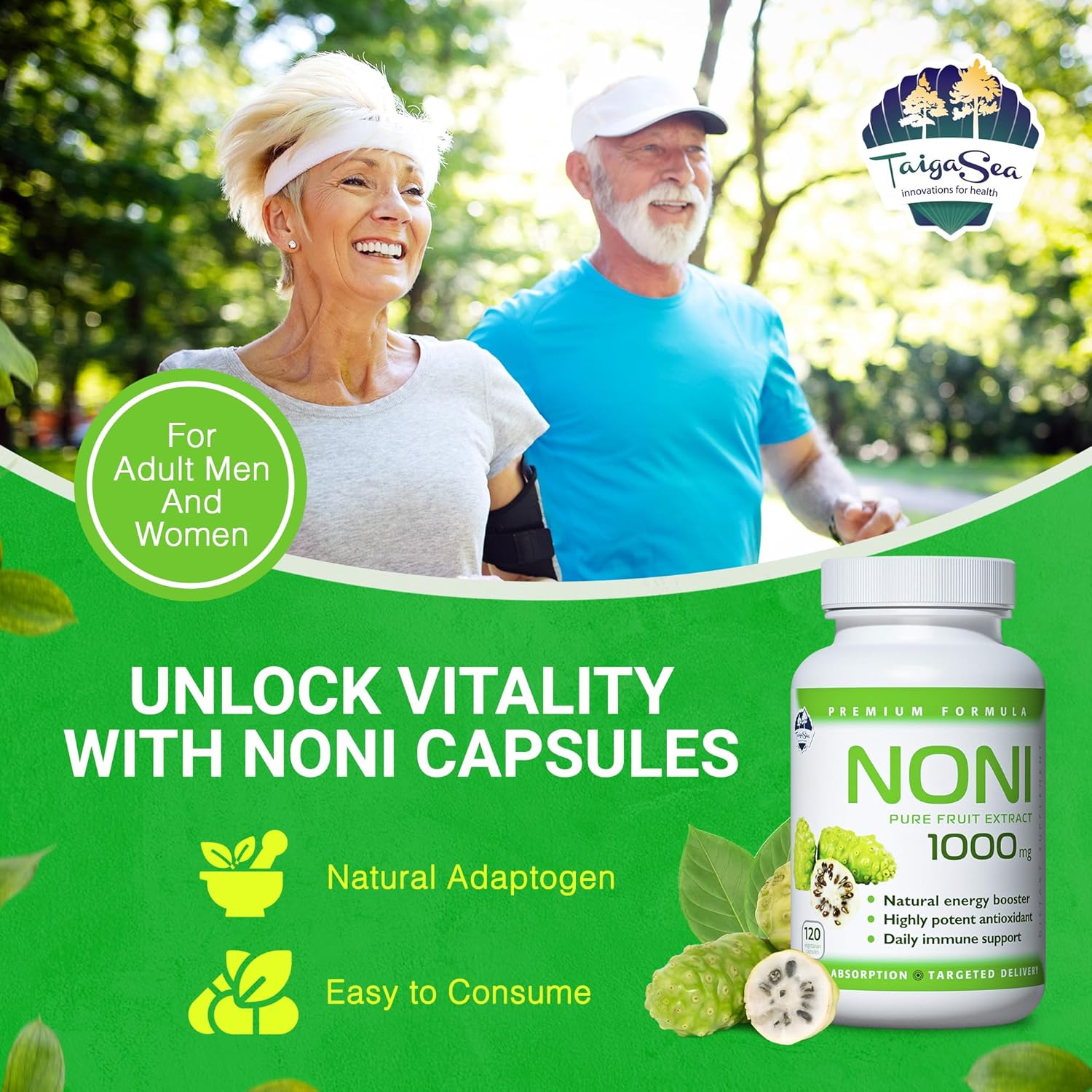 1000mg TAIGASEA Wild Noni Pure Fruit Extract Capsules for Immune & Joint Support - 120 Vegetarian Capsules with Antioxidants