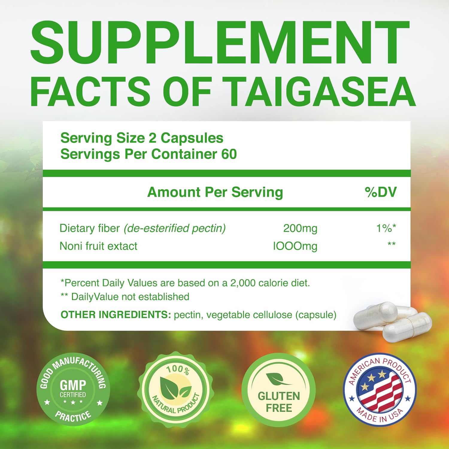 1000mg TAIGASEA Wild Noni Pure Fruit Extract Capsules for Immune & Joint Support - 120 Vegetarian Capsules with Antioxidants