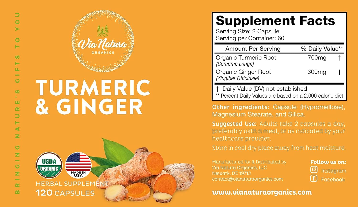 1000mg Turmeric & Ginger Capsules | 120 Organic Herbal Supplement Capsules by Via Natura Organics