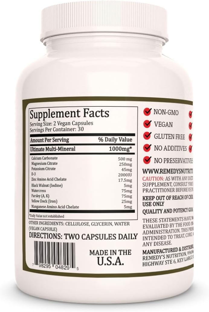 1000mg Ultimate Chelated Multi Mineral Dietary Supplement - 60 Vegan Capsules, Non-GMO & Additive-Free