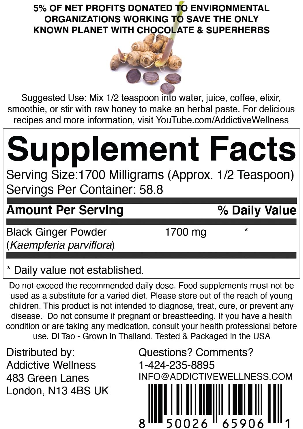 100g Addictive Wellness Thai Black Ginger Supplement for Men - Boost Energy, Metabolism, Endurance, Performance - Vegan/Paleo - Freeze Dried Powder