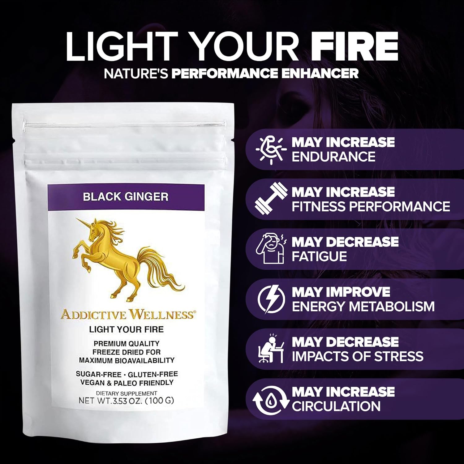 100g Addictive Wellness Thai Black Ginger Supplement for Men - Boost Energy, Metabolism, Endurance, Performance - Vegan/Paleo - Freeze Dried Powder