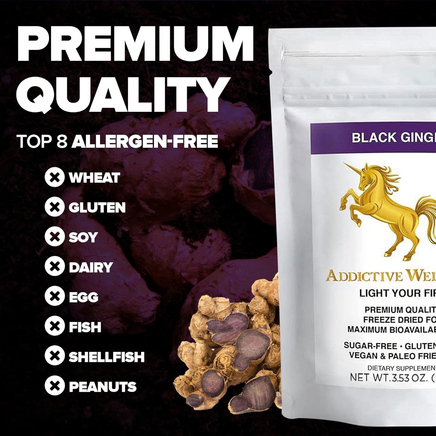 100g Addictive Wellness Thai Black Ginger Supplement for Men - Boost Energy, Metabolism, Endurance, Performance - Vegan/Paleo - Freeze Dried Powder