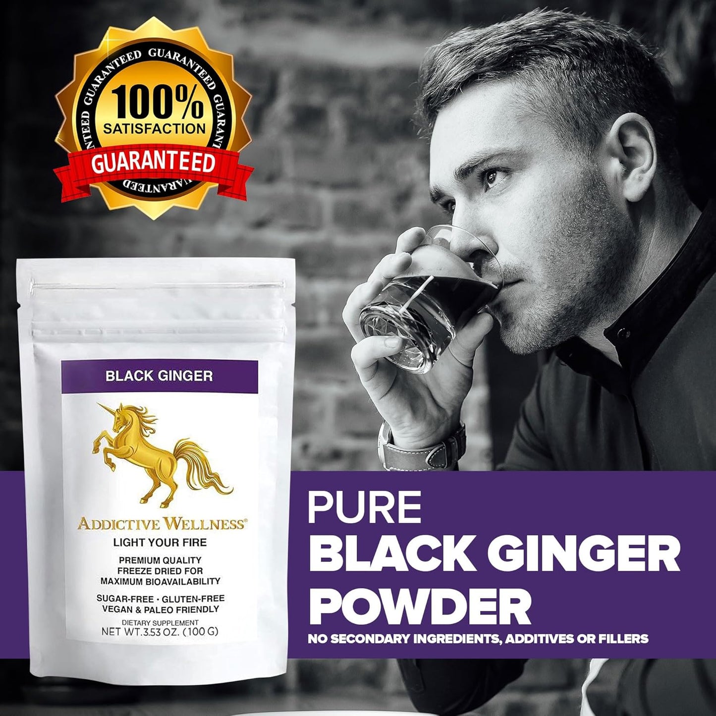 100g Addictive Wellness Thai Black Ginger Supplement for Men - Boost Energy, Metabolism, Endurance, Performance - Vegan/Paleo - Freeze Dried Powder