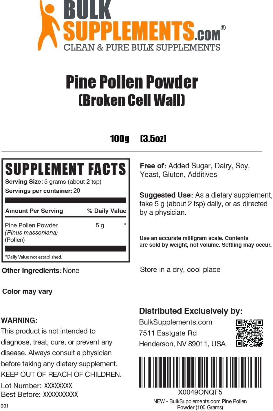 100g Broken Cell Wall Pine Pollen Powder - Herbal Supplement, Gluten Free - 5g per Serving - Pack of 1 - BulkSupplements.com