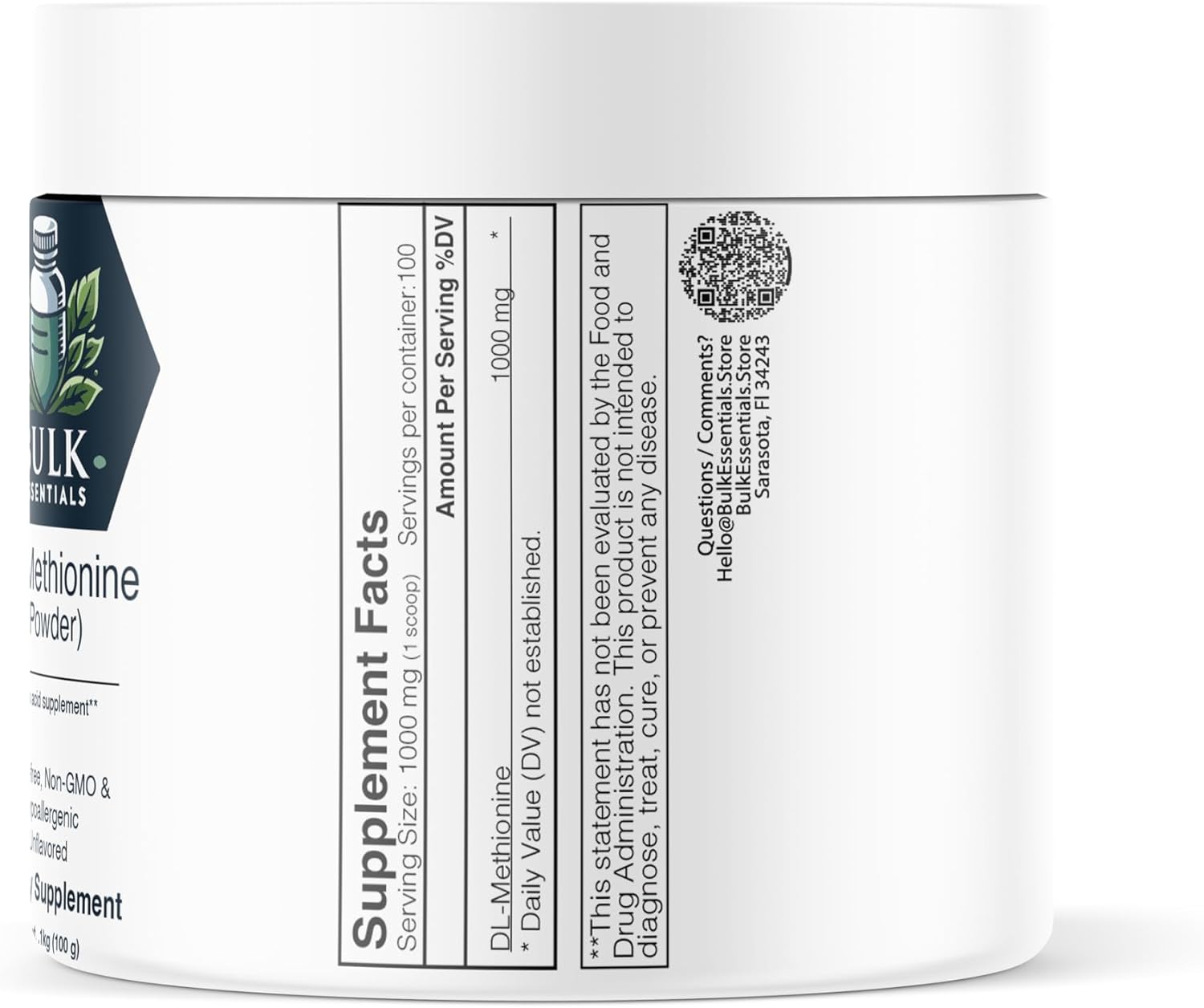 100g Bulk DL-Methionine Powder - Essential Amino Acid & Choline Supplement - 1000mg per Serving