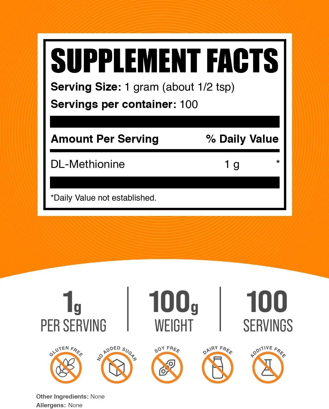 100g DL-Methionine Powder Supplement - Amino Acid Choline Nutrition - Bulk Amino Acid Nutritional Supplements