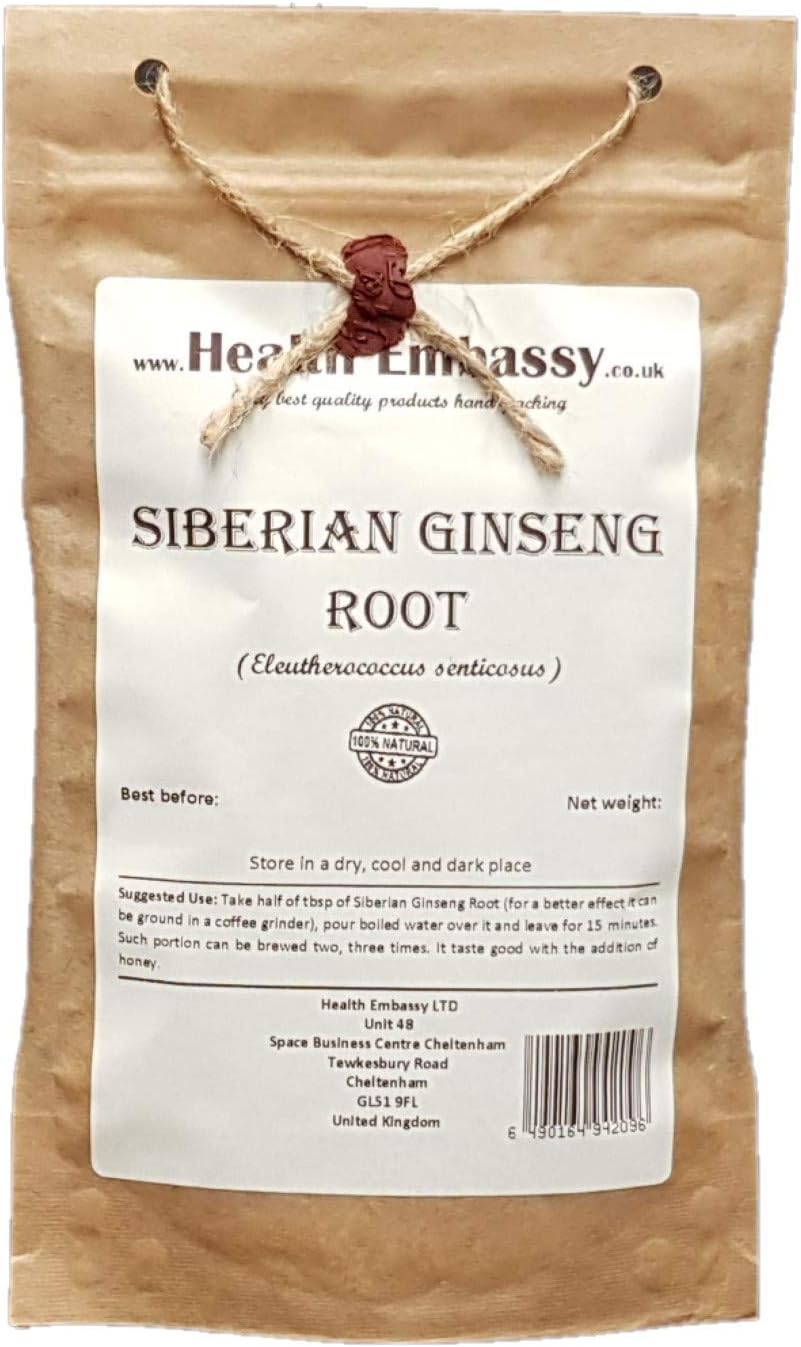 100g Health Embassy Siberian Ginseng Root Cut Tea - Pure Eleutherococcus Senticosus - Organic Herbal Infusion