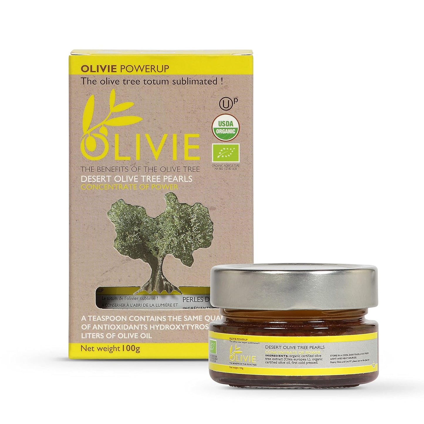 100g OLIVIE PowerUp Pearls Organic Olive Leaf Extract Capsules with Hydroxytyrosol - Antioxidant Polyphenols for Immune & Brain Support