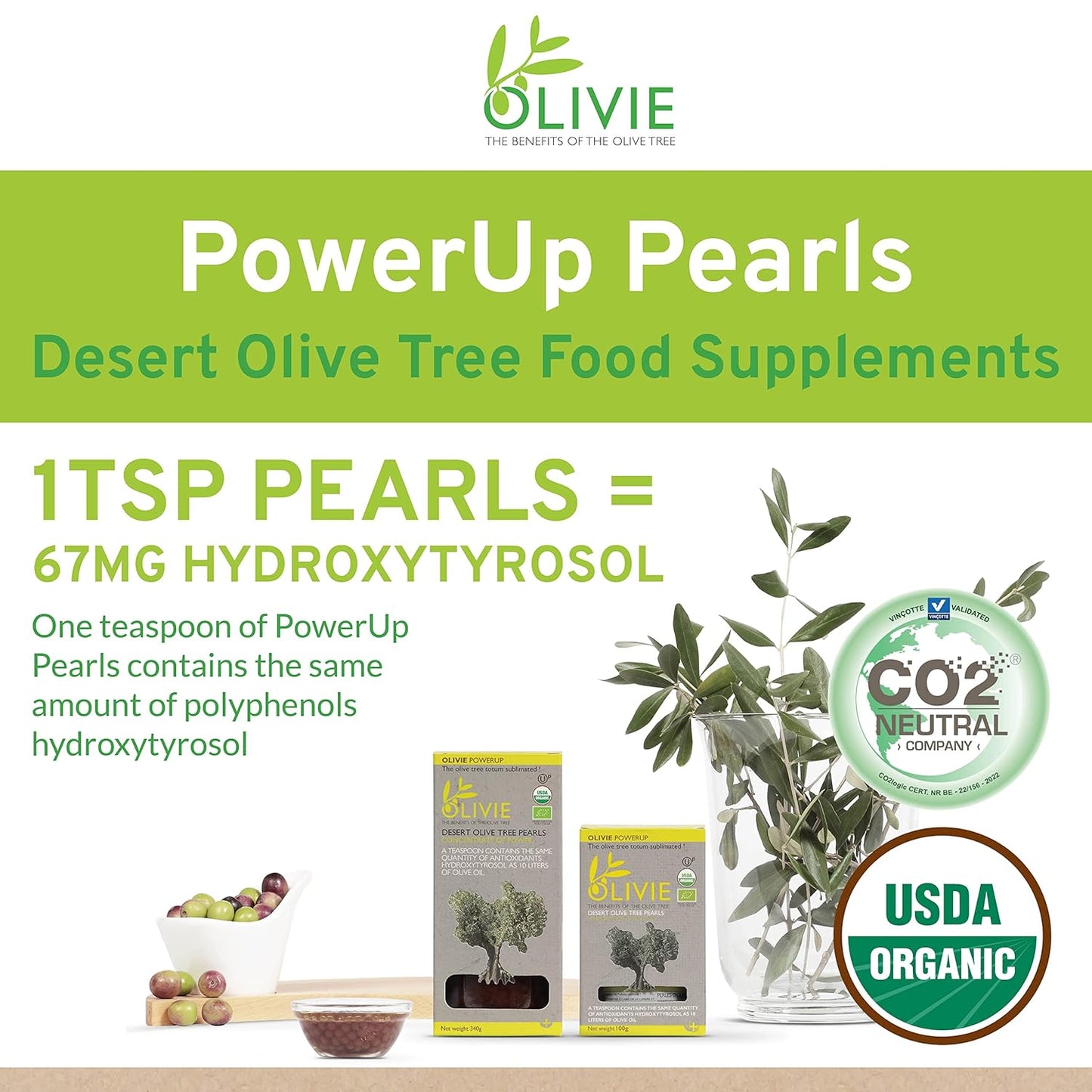 100g OLIVIE PowerUp Pearls Organic Olive Leaf Extract Capsules with Hydroxytyrosol - Antioxidant Polyphenols for Immune & Brain Support
