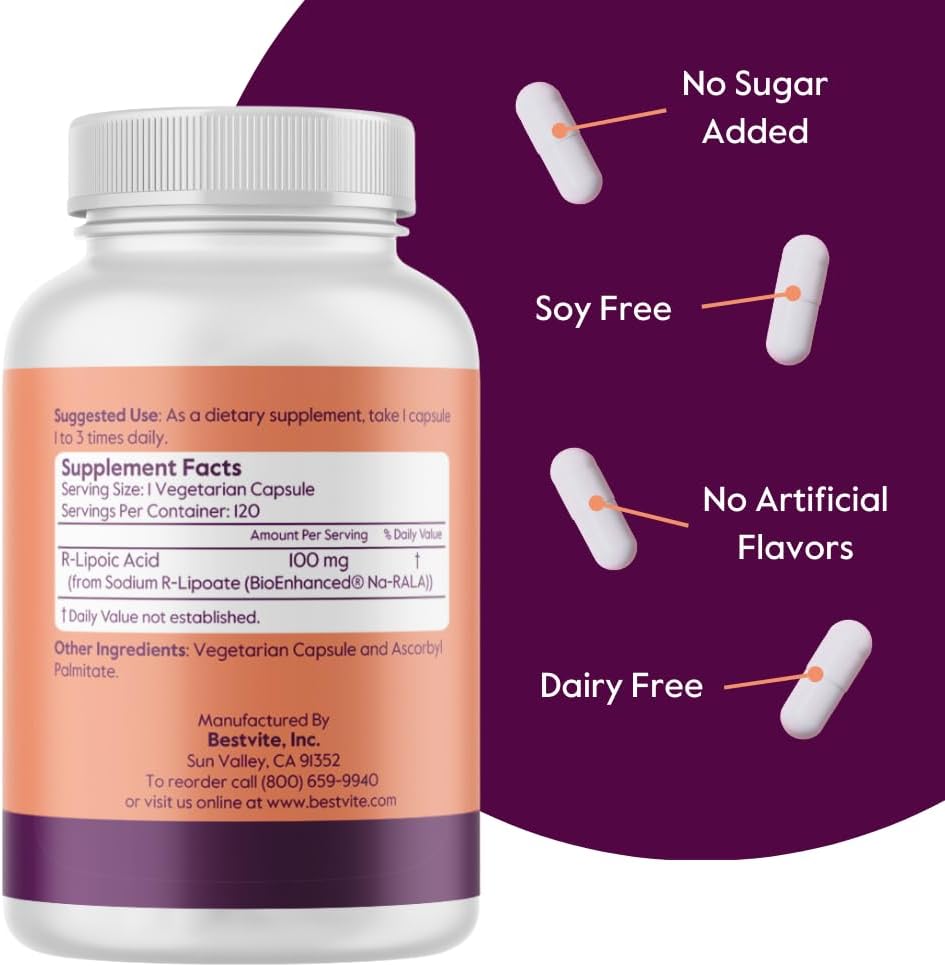 100mg Bestvite R-Lipoic Acid with Bio-Enhanced® Na-RLA - 120 Capsules, Vegan, Non-GMO, Gluten Free