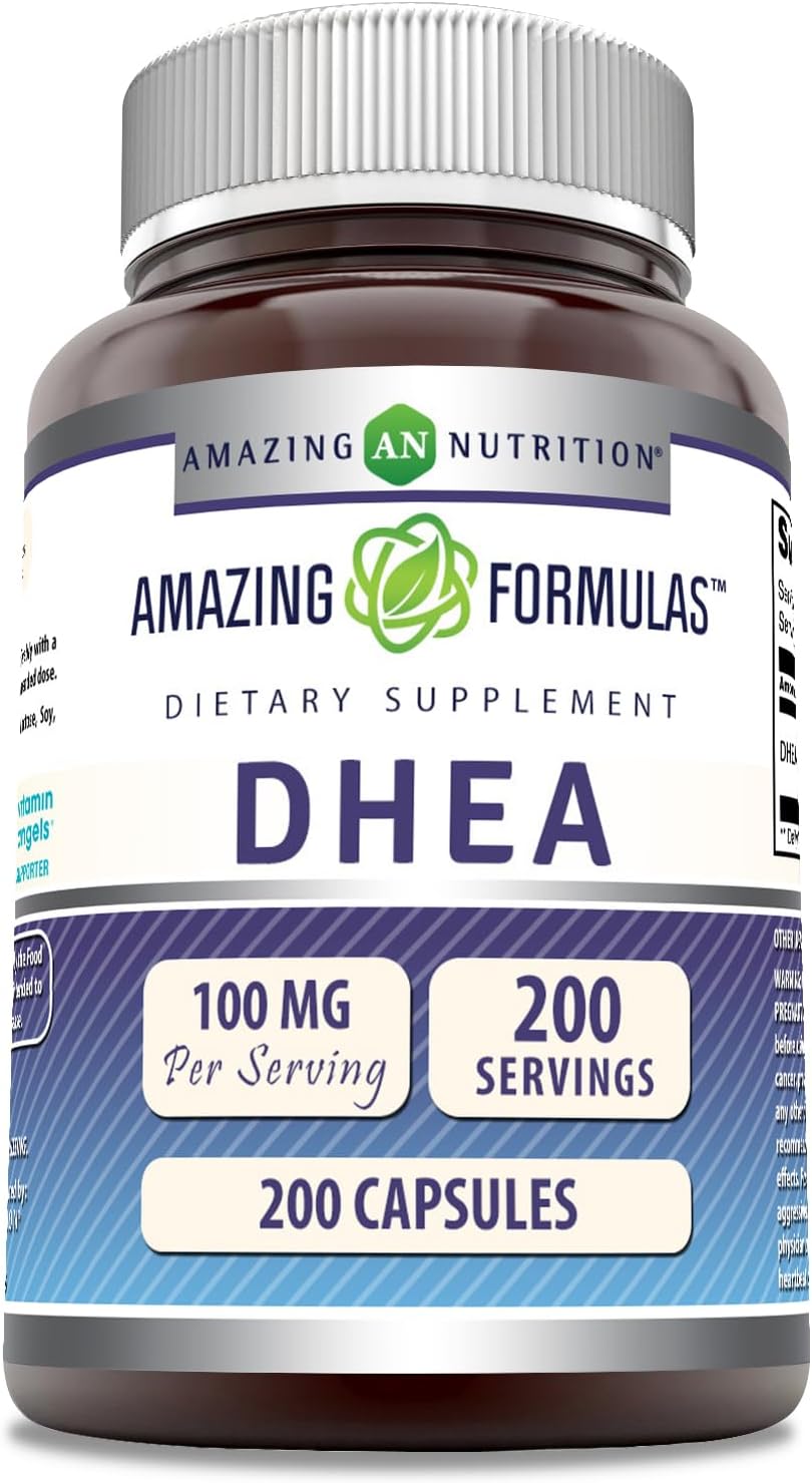 100mg DHEA Capsules by Amazing Nutrition - Non-GMO, Gluten Free, Made in USA - 200 Count