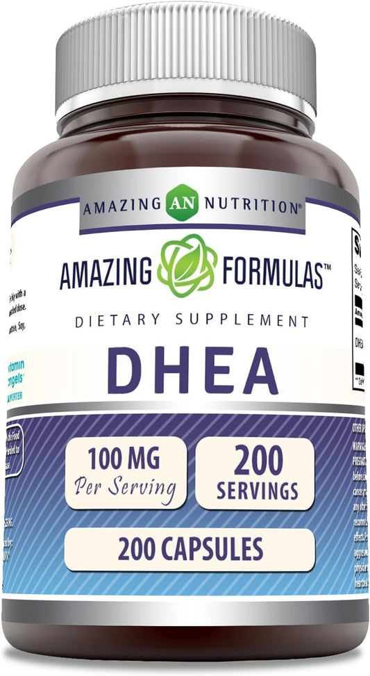 100mg DHEA Capsules by Amazing Nutrition - Non-GMO, Gluten Free, Made in USA - 200 Count