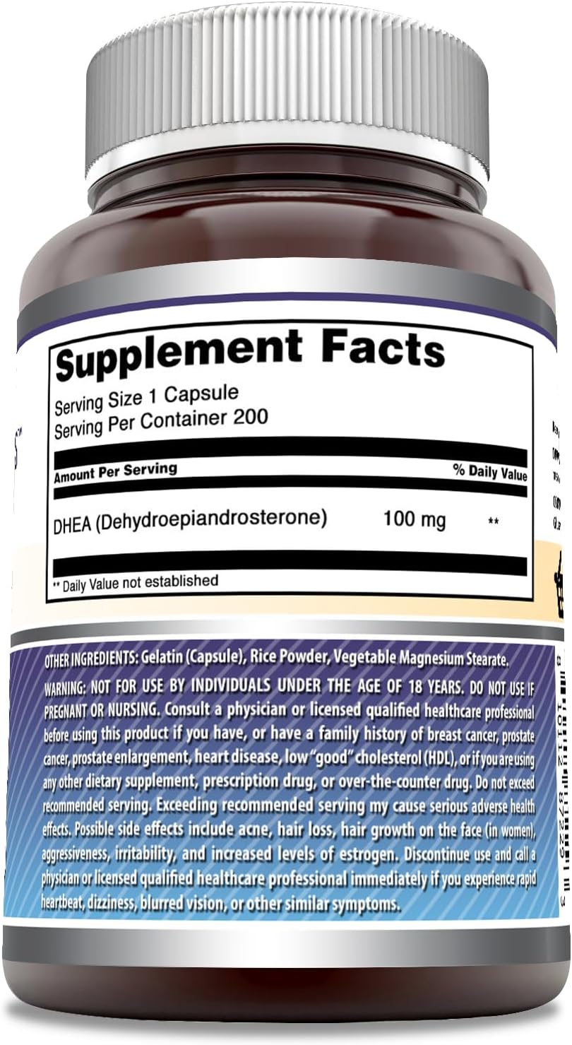 100mg DHEA Capsules by Amazing Nutrition - Non-GMO, Gluten Free, Made in USA - 200 Count