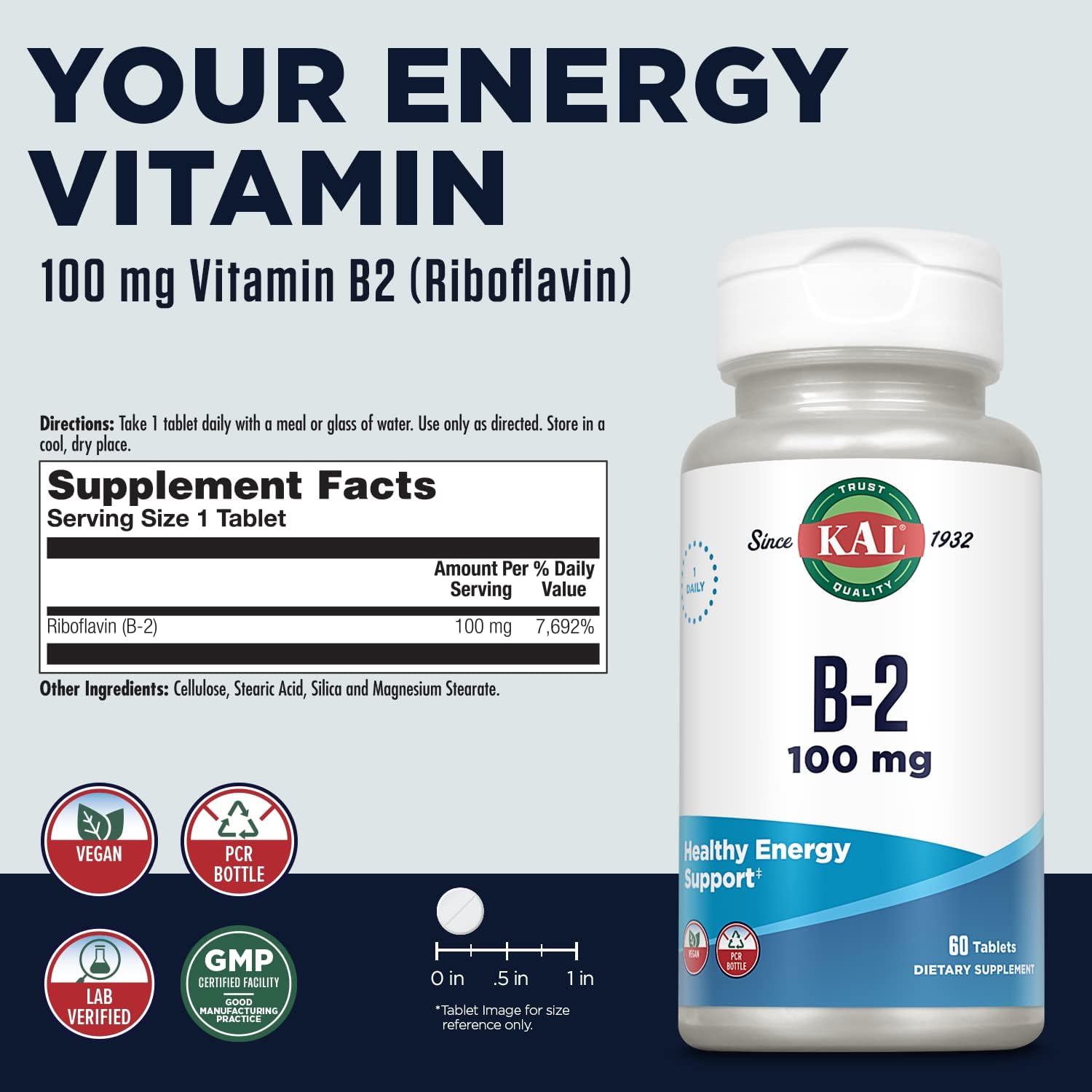 100mg KAL Vitamin B2 Riboflavin Supplement for Energy, Metabolism, and Red Blood Cell Synthesis - Vegan Tablets with Enhanced Absorption - 60 Servings