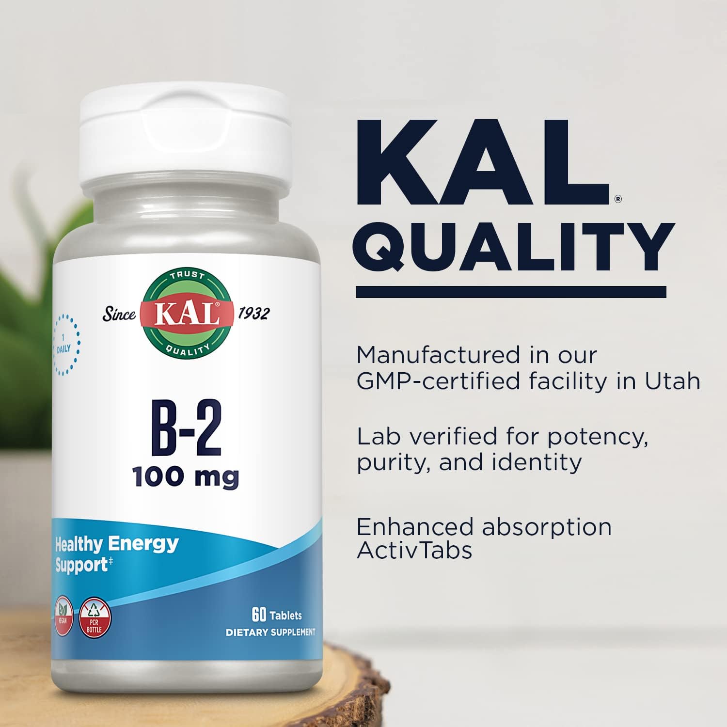 100mg KAL Vitamin B2 Riboflavin Supplement for Energy, Metabolism, and Red Blood Cell Synthesis - Vegan Tablets with Enhanced Absorption - 60 Servings