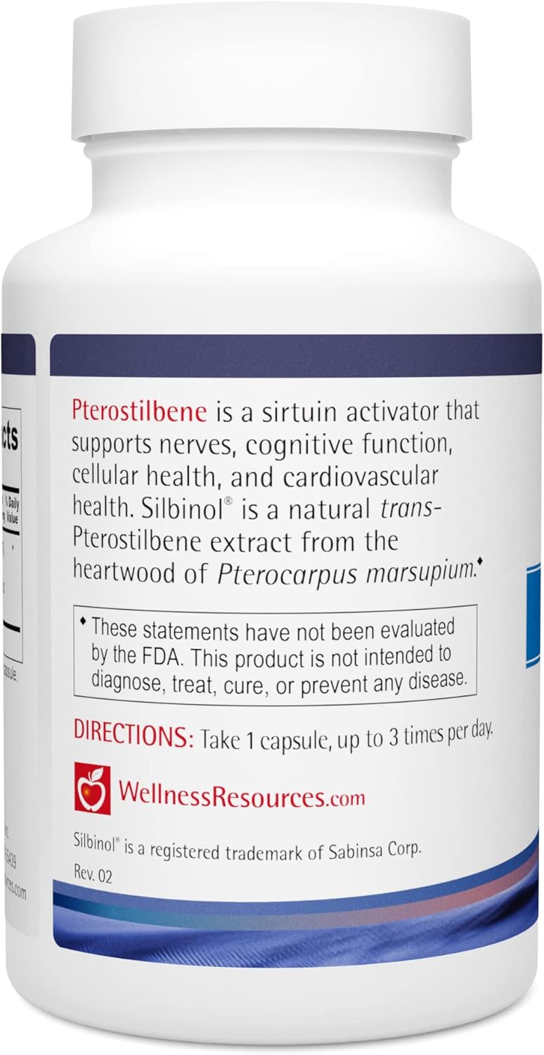 100mg Pterostilbene Capsules for Healthy Aging - Natural Silbinol Source, Non-GMO, Vegan, Soy-Free (60 Count)