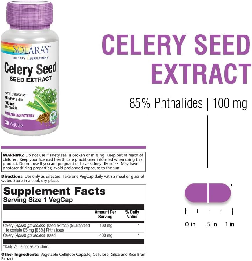 100mg Solaray Celery Seed Extract | 85% Phthalides | Joint Health Support | Non-GMO, Vegan | 30 VegCaps
