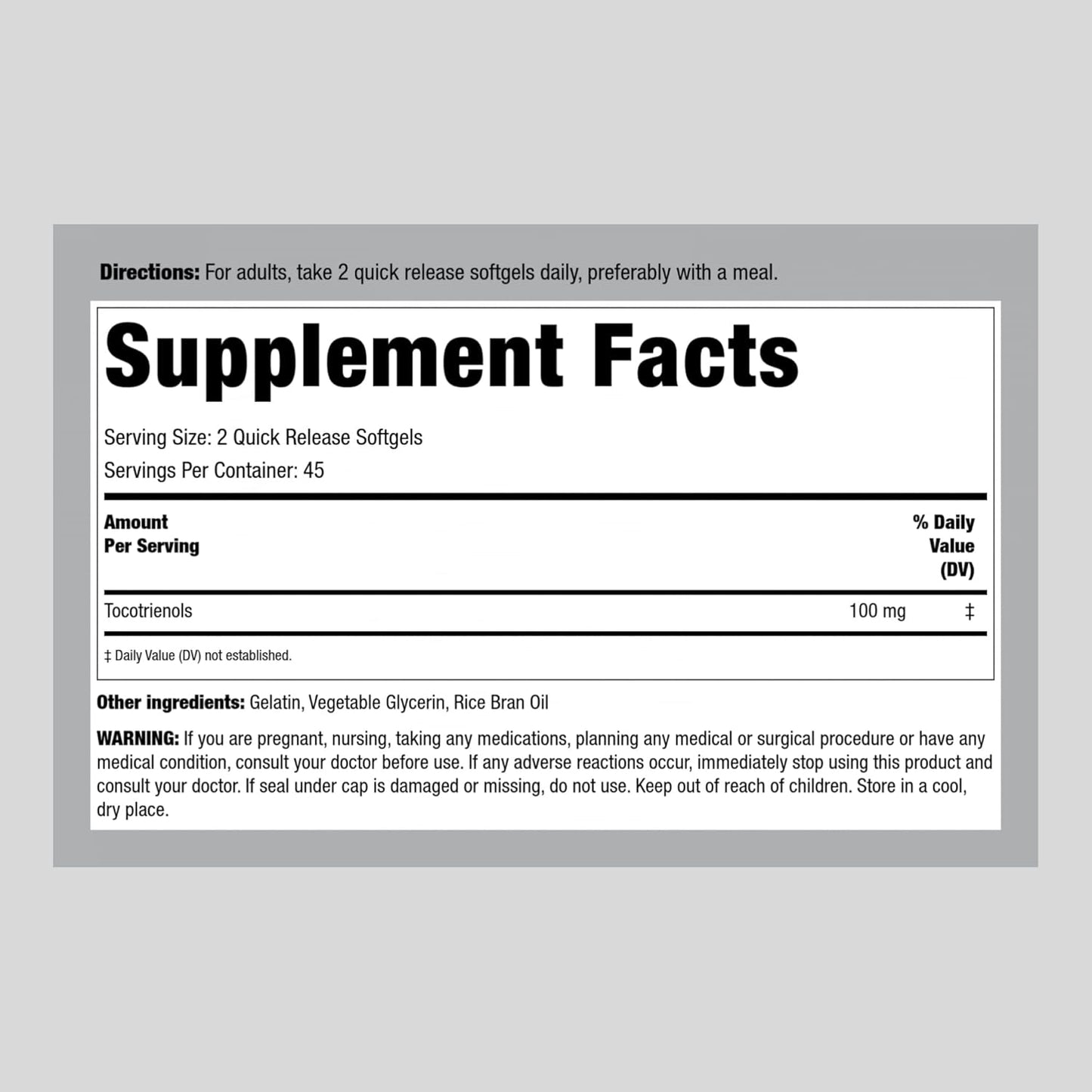 100mg Tocotrienols Supplement Softgels - 90 Count - Non-GMO & Gluten Free by Piping Rock