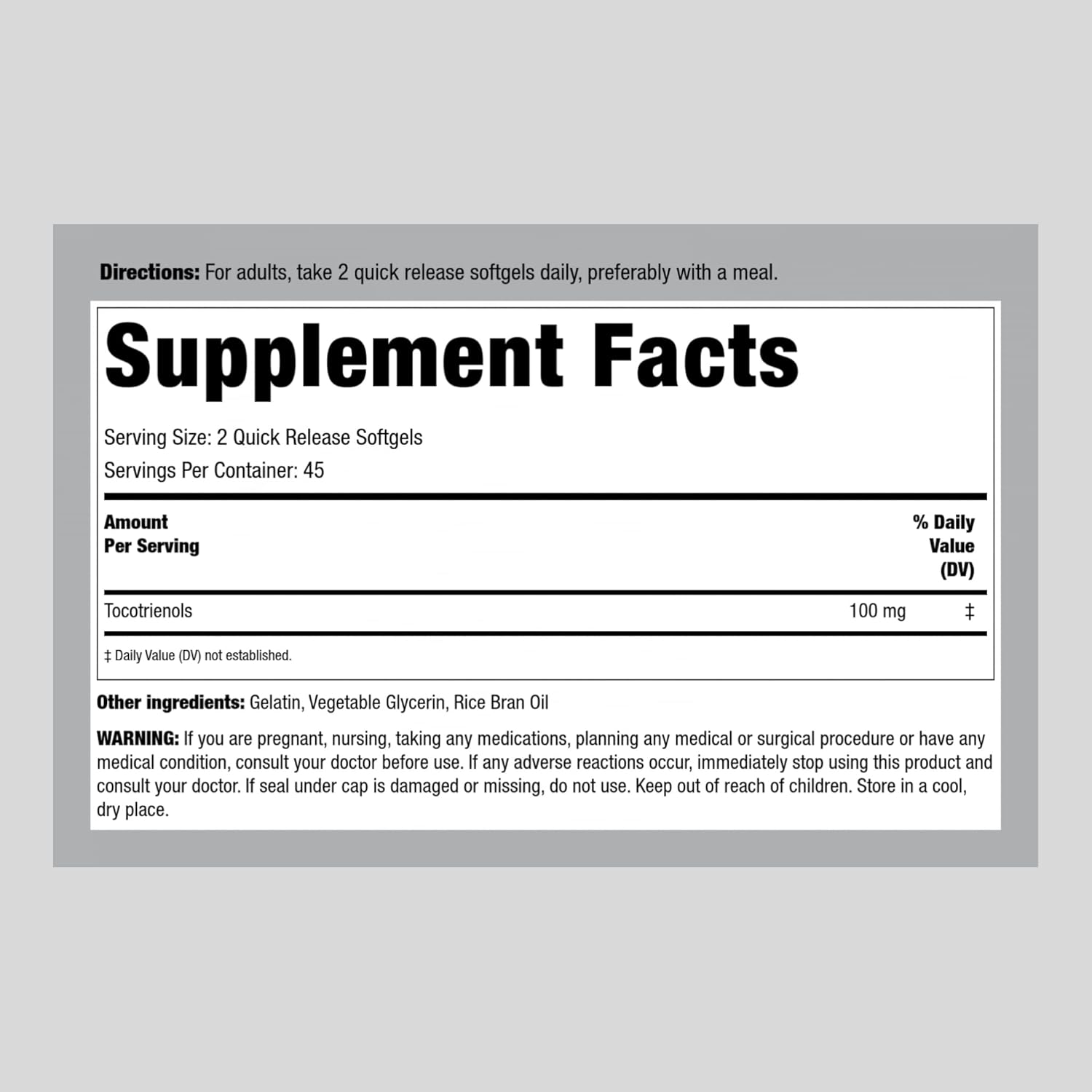 100mg Tocotrienols Supplement Softgels - 90 Count - Non-GMO & Gluten Free by Piping Rock
